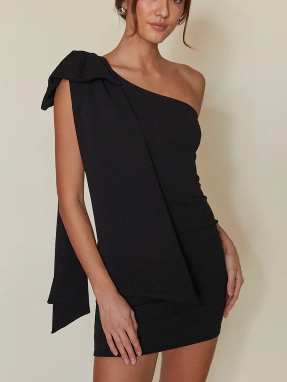Asymmetrical One-Shoulder Black Mini Dress with Draped Bow